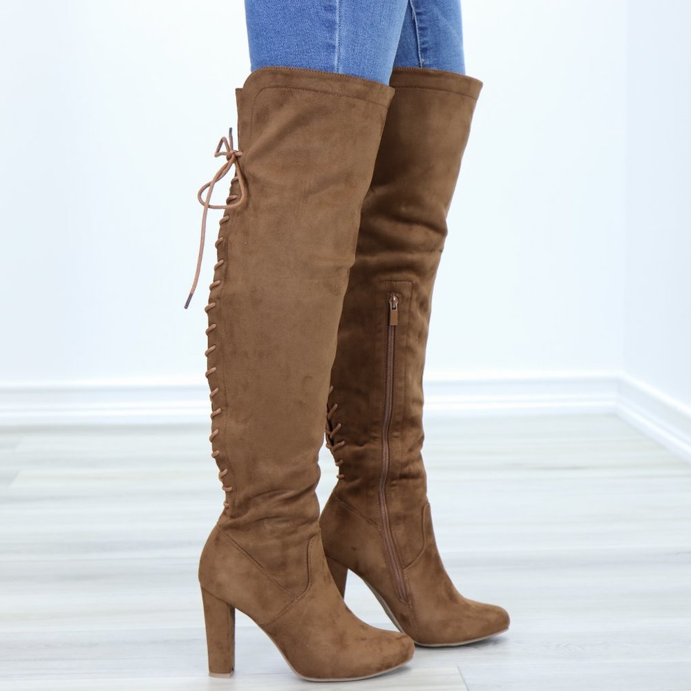Suede Over The Knee Heeled Boots With Lace Up Back - Picture 2 of 15